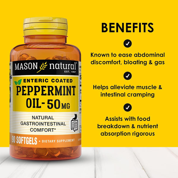 MASON NATURAL Peppermint Oil 50 mg Enteric Coated Softgels, 90 Day Supply