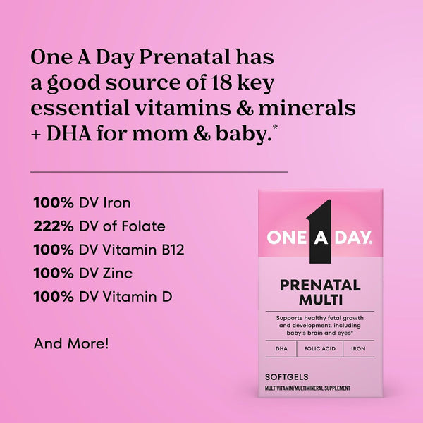 One A Day Prenatal Vitamins- Folic Acid, Iron, Omega- 3 (DHA), Pregnancy Vitamins for Women, Prenatal Multivitamin for Mom and Baby Support, Pregnancy