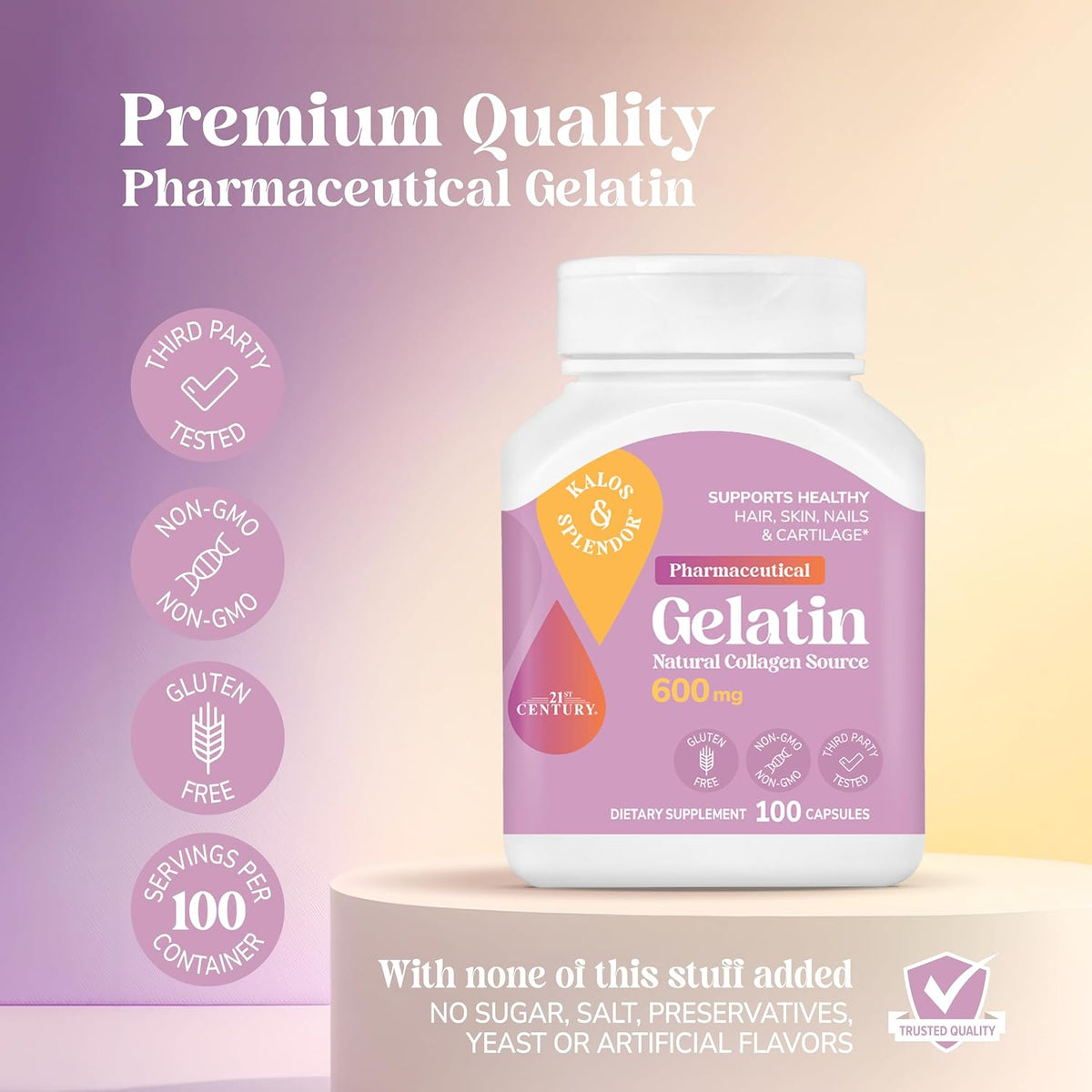 21st Century Gelatin 600mg Capsules for Hair, Skin & Nails, 100 Count