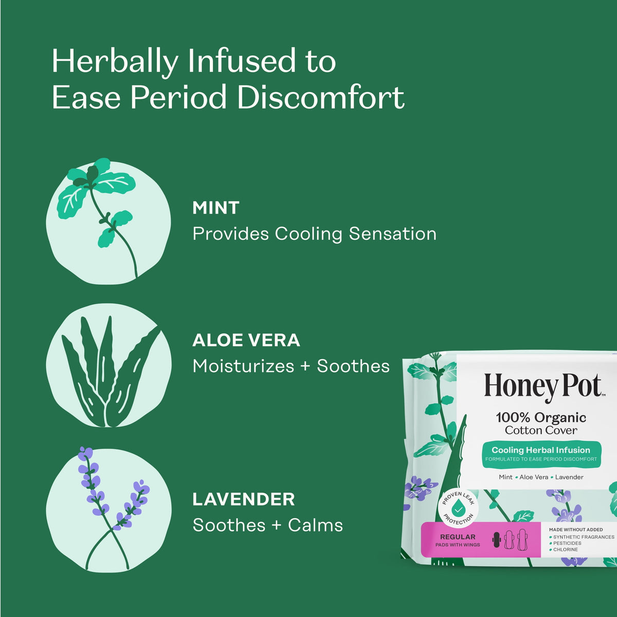 Honey Pot 100% Organic Cotton Cover Cooling Herbal Infusion Regular Pads, 20 Count