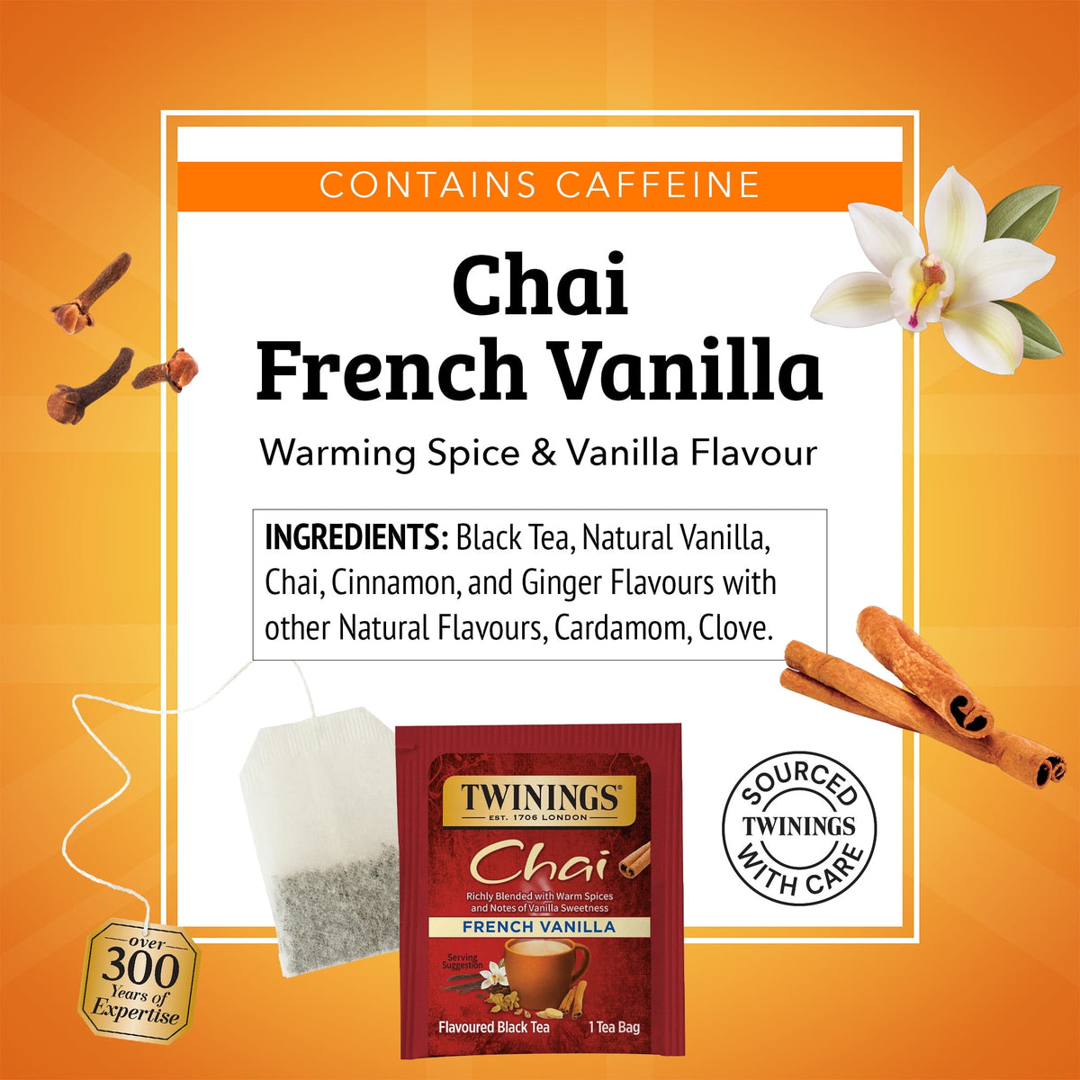 Twinings French Vanilla Chai Black Tea Bags, Naturally Caffeinated, Bold & Spicy, 20 Count