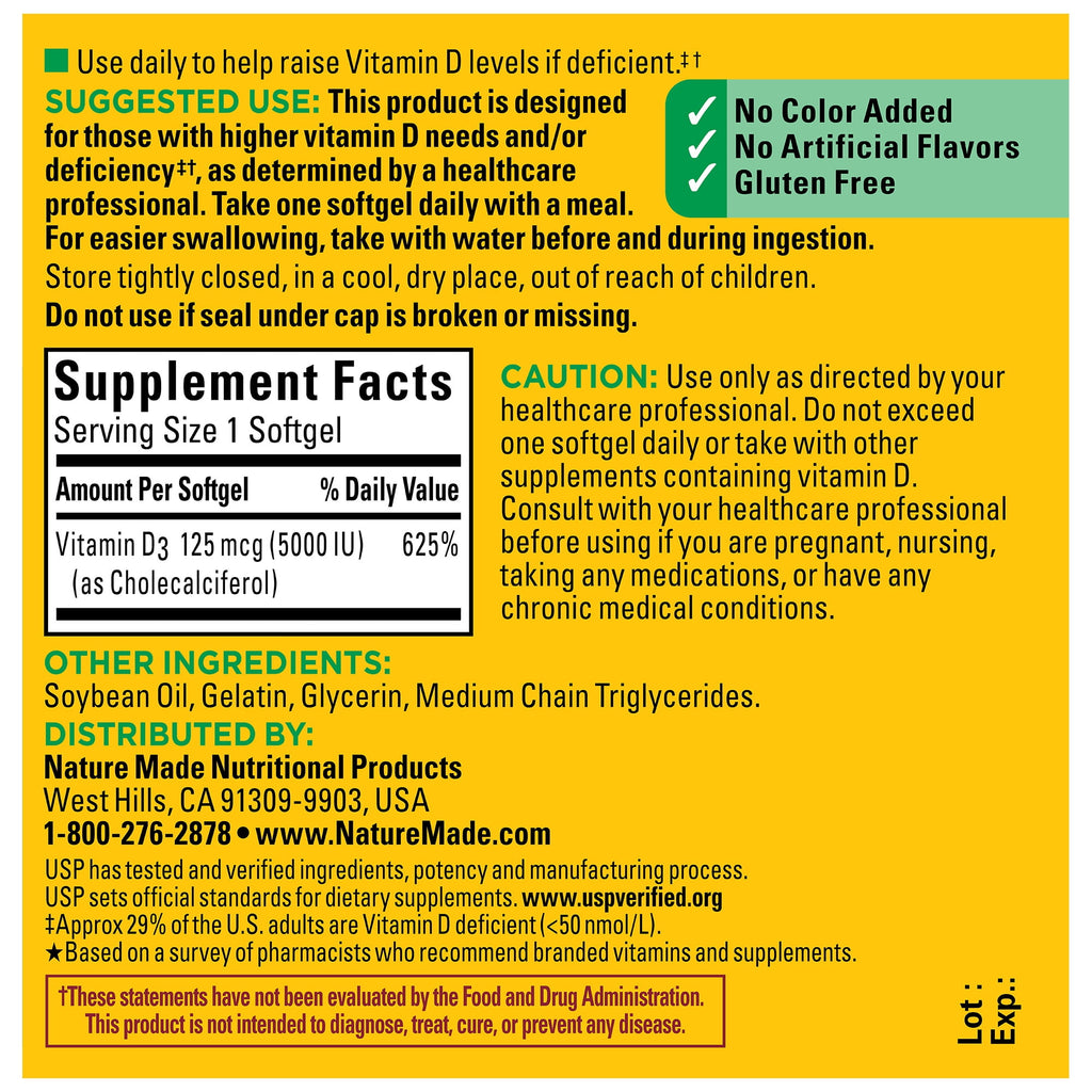 Nature Made Extra Strength Vitamin D3 5000 IU (125 mcg) Softgels, Dietary Supplement, 100 Count
