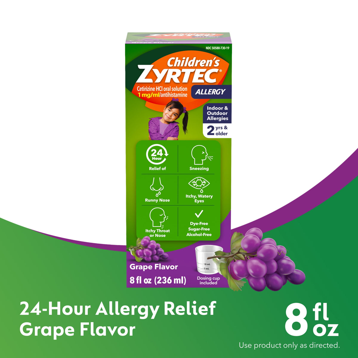 Children's Zytec Liquid Allergy Syrup, Free of Dyes, Sugar, Alcohol, Grape Flavor, 8 fl. oz