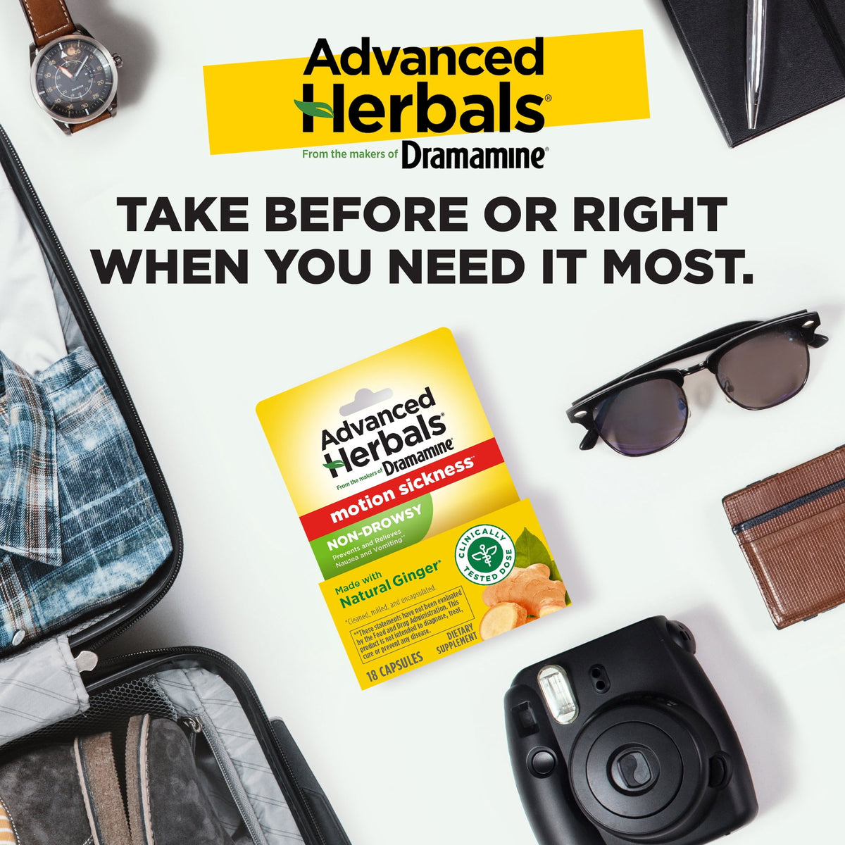 Advanced Herbals by Dramamine, Non-Drowsy Motion Sickness Relief, with Natural Ginger, 18 Count