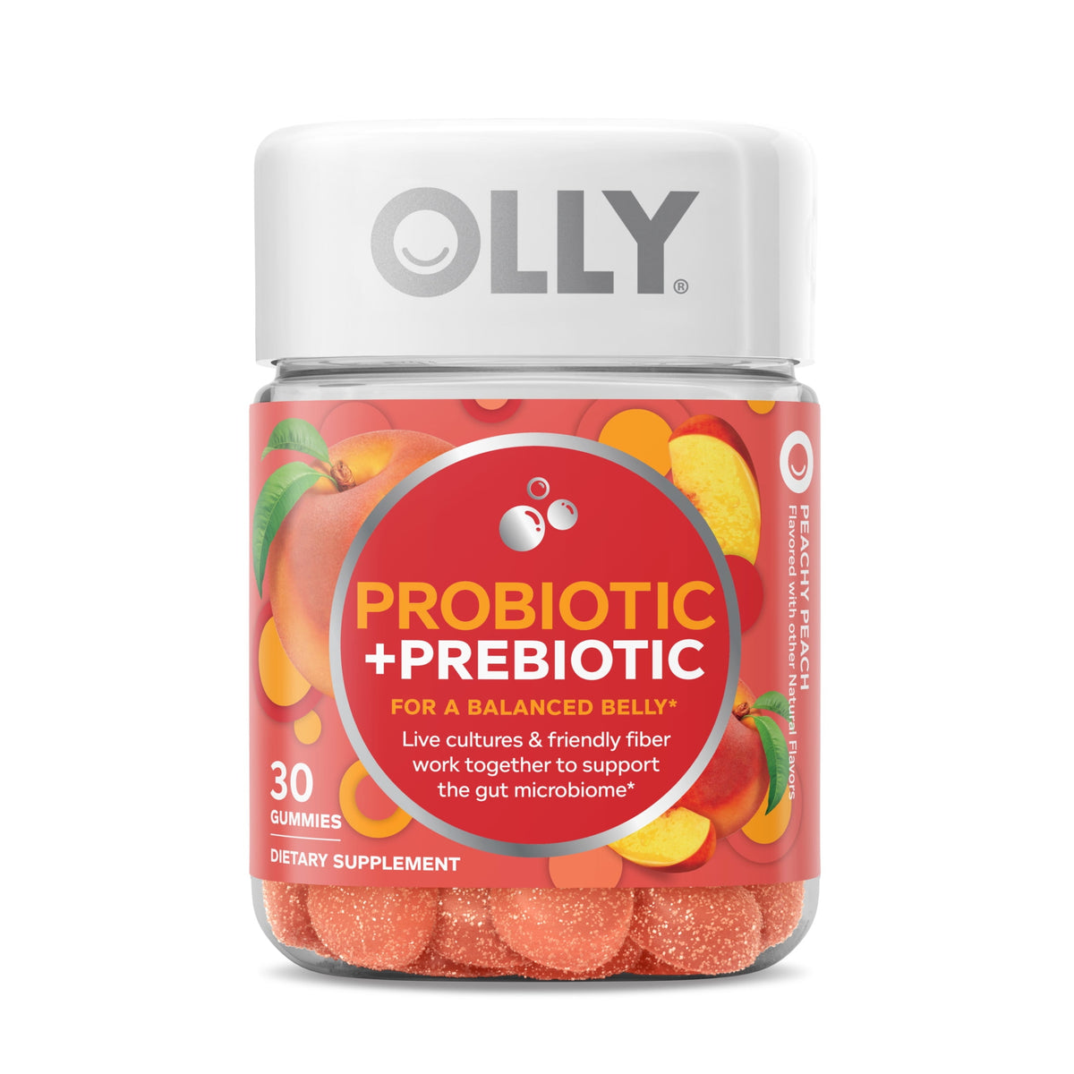 OLLY Probiotic + Prebiotic Fiber Gummy, Digestive + Gut Health Supplement for Adults, Peach, 30 Count