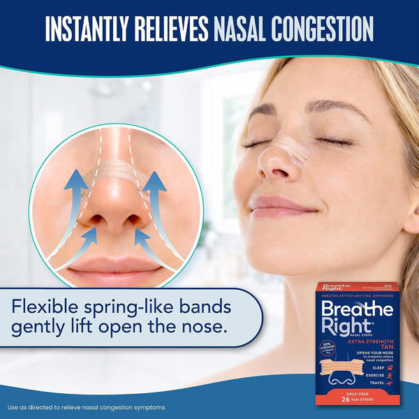 Breathe Right Nasal Strips, Extra Strength, Nasal Congestion, Tan, 26ct