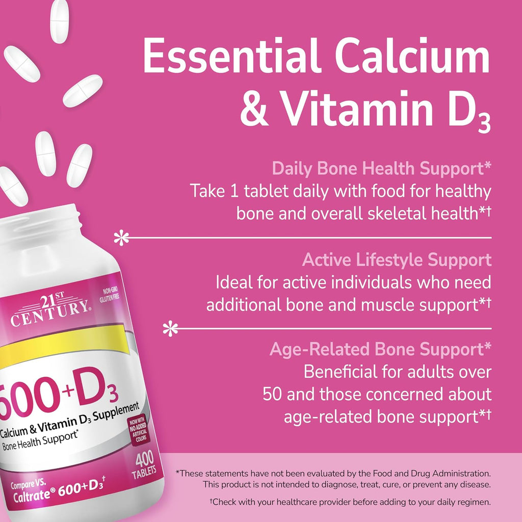 21st Century Calcium 600 mg Plus D3 Tablets, 400 Count