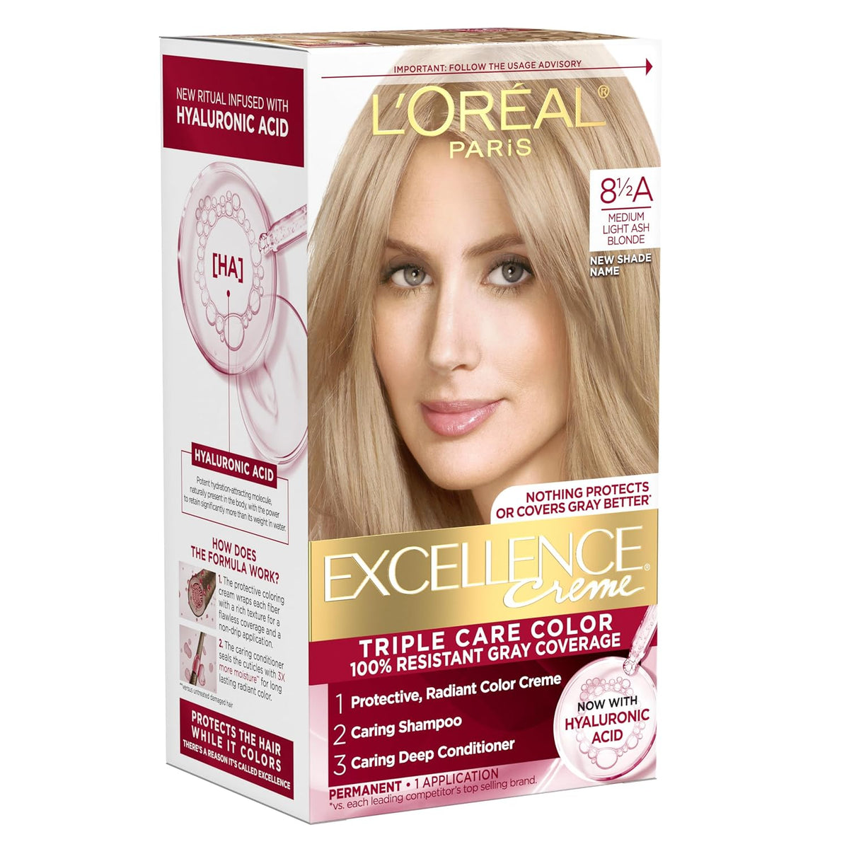 L'Oreal Paris Excellence Crème Permanent Hair Dye, Triple Care Hair Color with Hyaluronic Acid for 100% Gray Coverage, 8.5A Medium Light Ash Blonde
