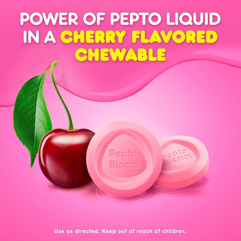 Pepto Bismol Cherry Chewable Tablets, Upset Stomach Relief, Nausea Relief, Heartburn Relief, Indigestion Relief, Anti Diarrhea Medication for Adults