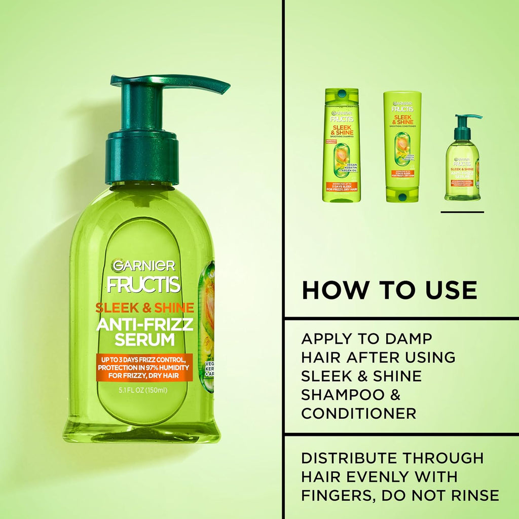 Garnier Fructis Sleek & Shine Anti-Frizz Hair Serum for Frizzy, Dry Hair, Leave-In Argan Oil Infused Formula with Up to 72HRs of Frizz Control