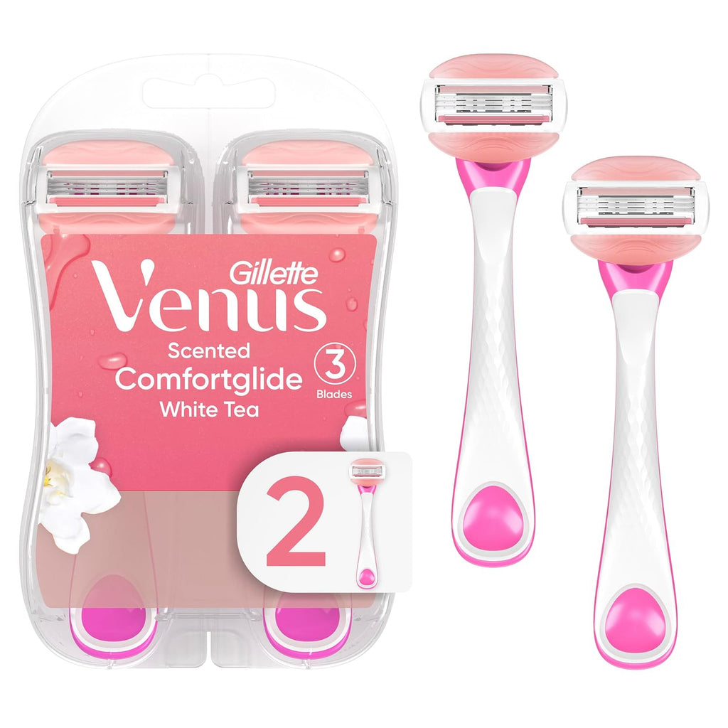 Gillette Venus ComfortGlide Disposable Razors for Women, 2 Count, White Tea Scented Moisture Bars for a Smooth Shave