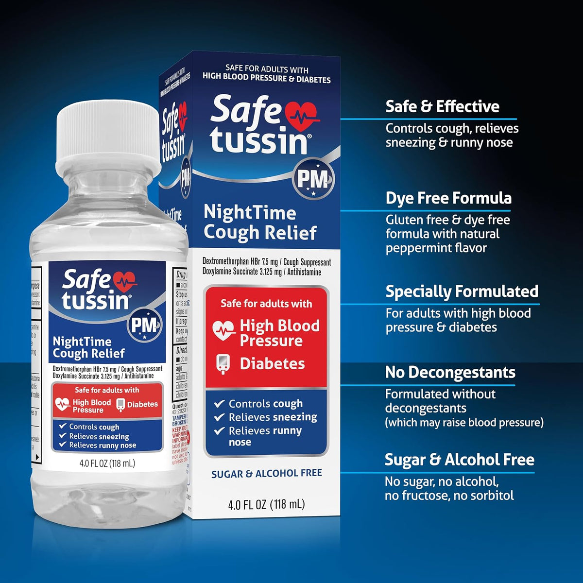 Safetussin PM Night Time Cold and Cough Medicine for Adults, 8 oz
