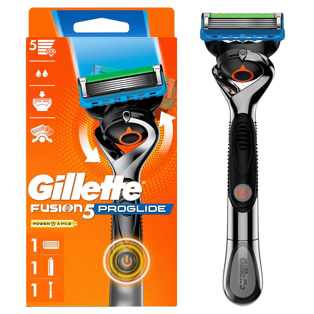 Gillette ProGlide Power Razor for Men, 1 Gillette Power Razor Handle + 1 Blade Refill