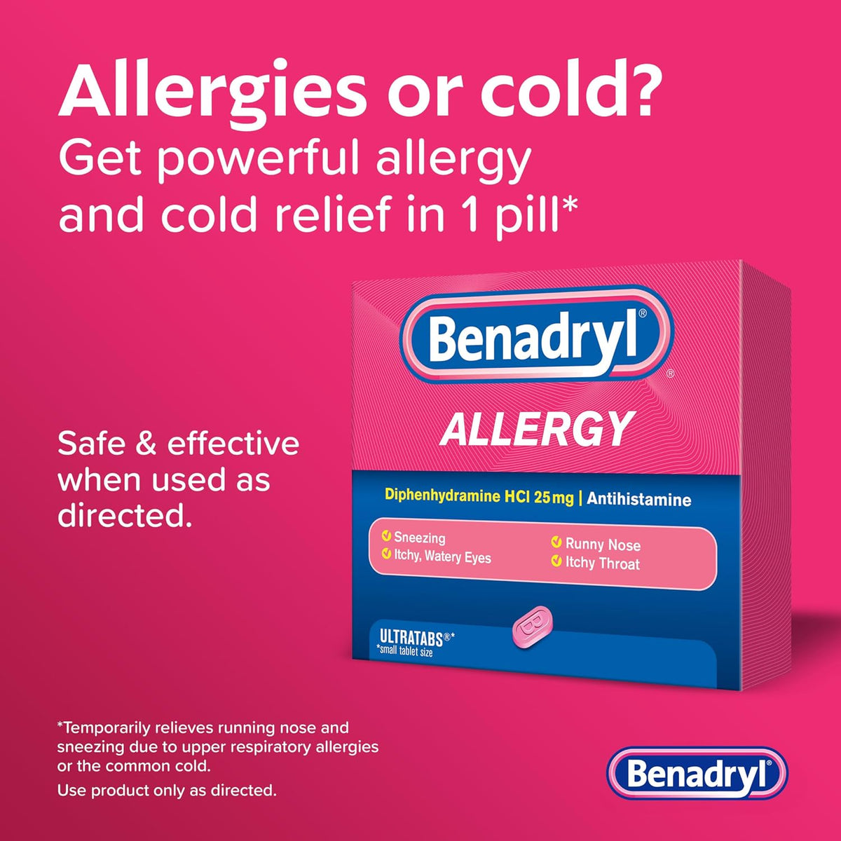 Benadryl Allergy Relief Ultratabs, 25 mg Diphenhydramine HCl, 48 ct