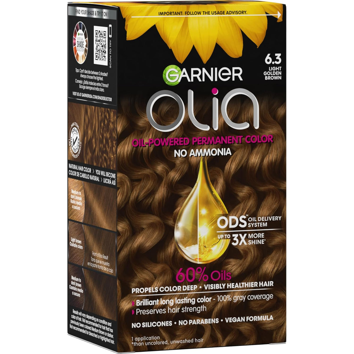 Garnier Olia Hair Color, Ammonia-Free Permanent Hair Dye, Oil-Powered Formula for 100% Gray Coverage and 3x Shinier Hair, Vegan & Cruelty Free