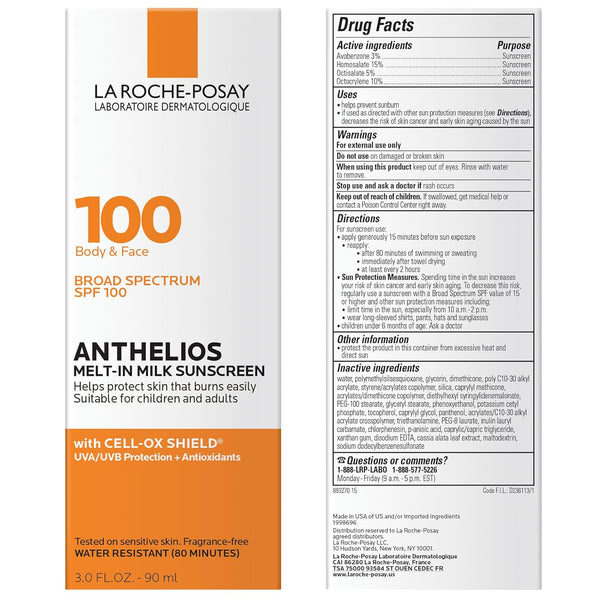 La Roche-Posay Anthelios Melt-in Milk Körper- & Gesichts-Sonnenschutzlotion, SPF 100, 3 oz