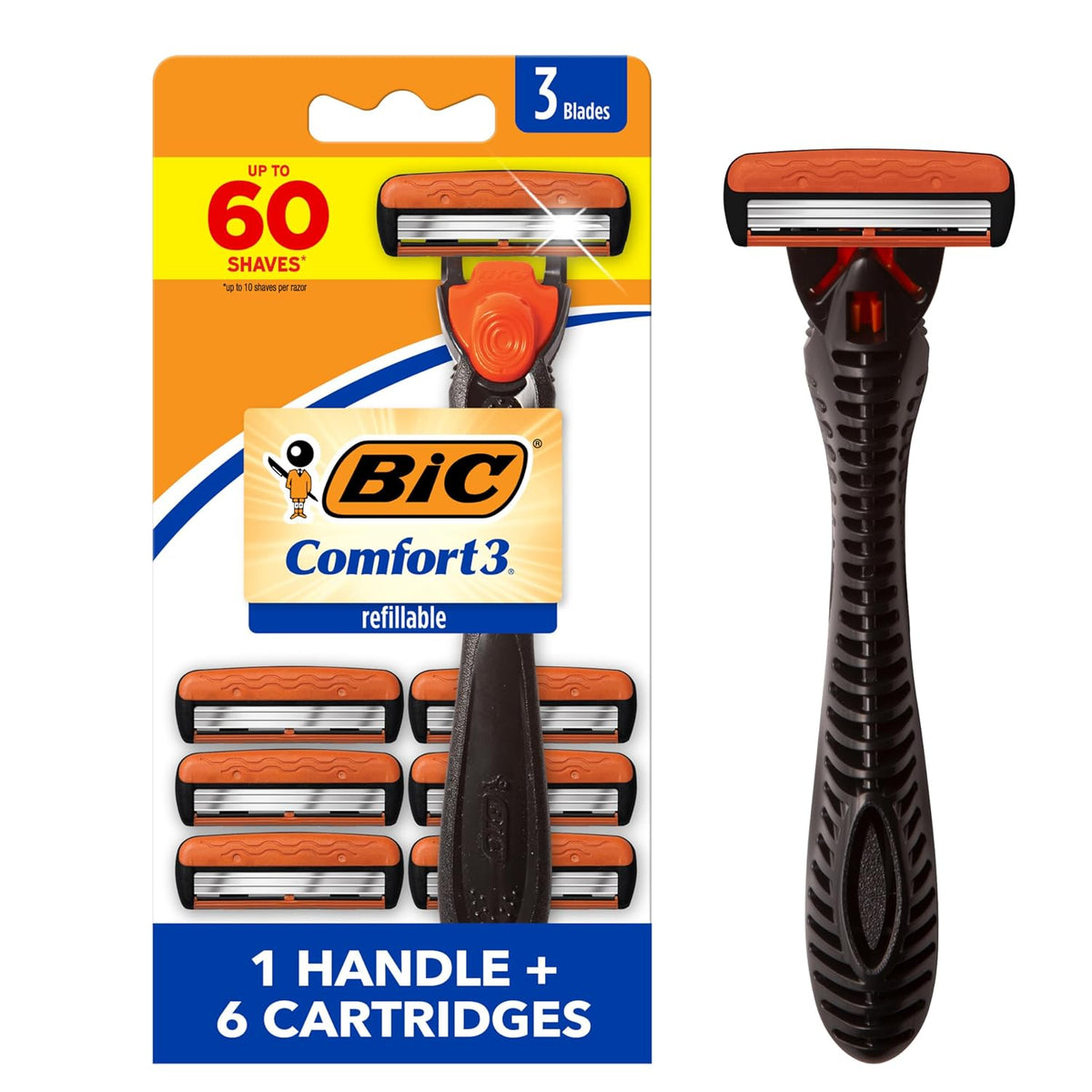 BIC Comfort 3 Refillable Razor Set, 1 Handle and 6 Cartridges for Men