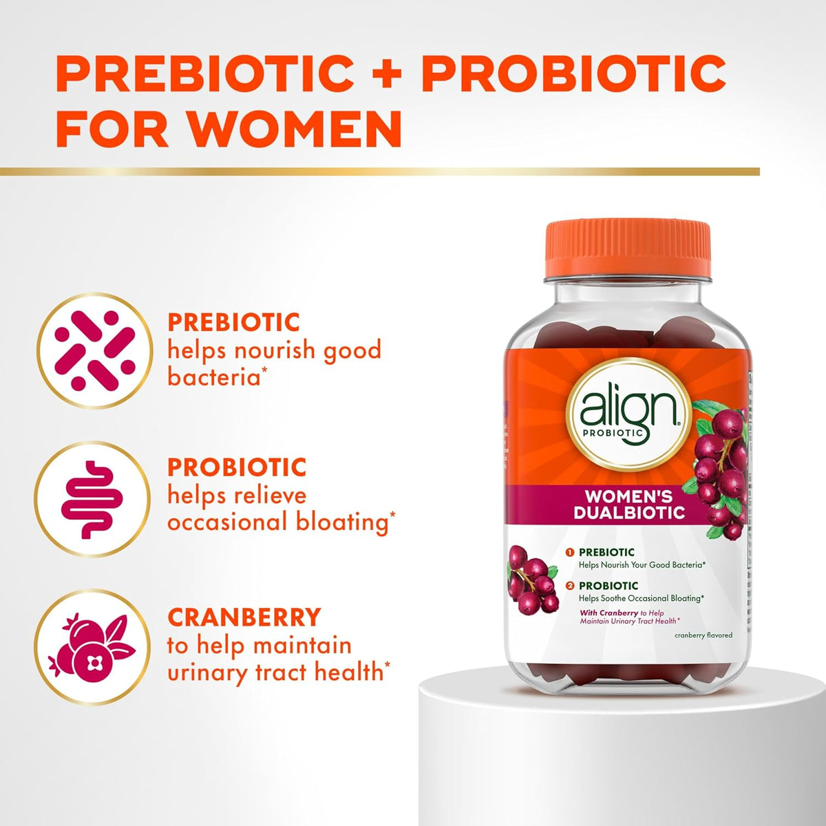 Align Probiotic, Women's Dualbiotic, Womens Probiotic Gummies, Prebiotics and Probiotics for Women, with Cranberry for Urinary Tract Health*