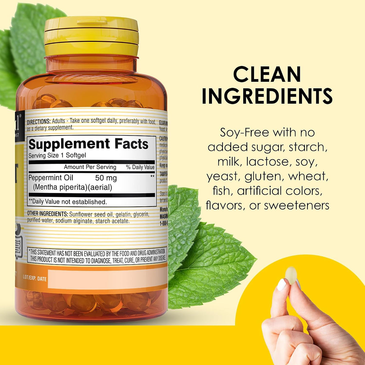 MASON NATURAL Peppermint Oil 50 mg Enteric Coated Softgels, 90 Day Supply