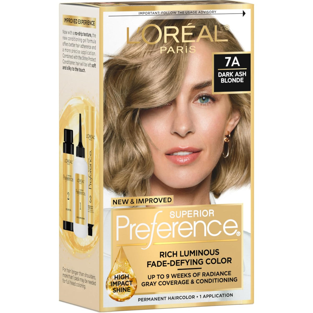 L'Oreal Paris Superior Preference Luminous Fade-Defying Permanent Hair Color, Hair Dye For Up to 9 Weeks of Radiance, Dark Ash Blonde 7A, 1 Hair Dye