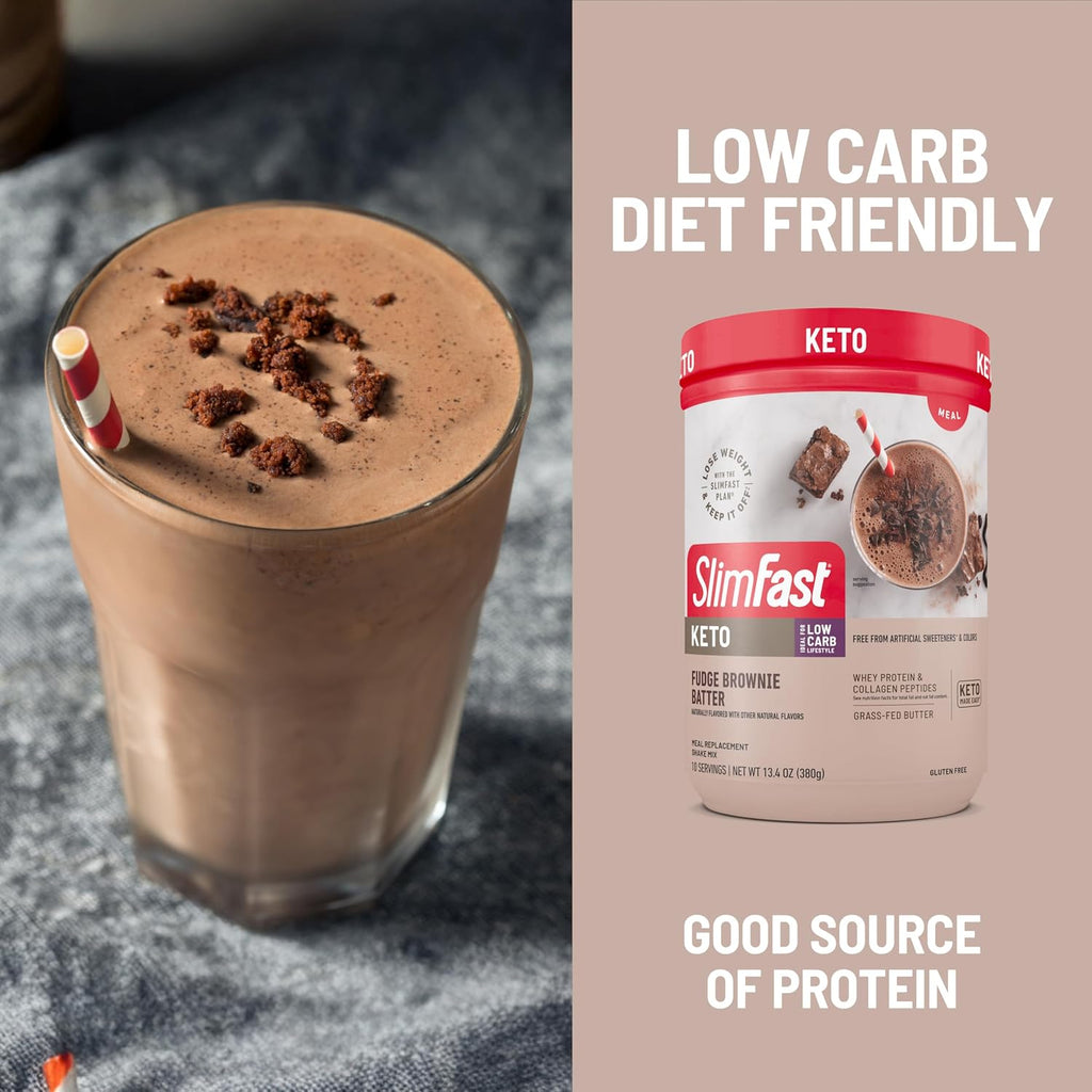 SlimFast Keto Meal Replacement Shake, Fudge Brownie Batter, Low Carb Keto Protein Powder with Collagen & Whey, No Sugar Added, Gluten Free, Weight
