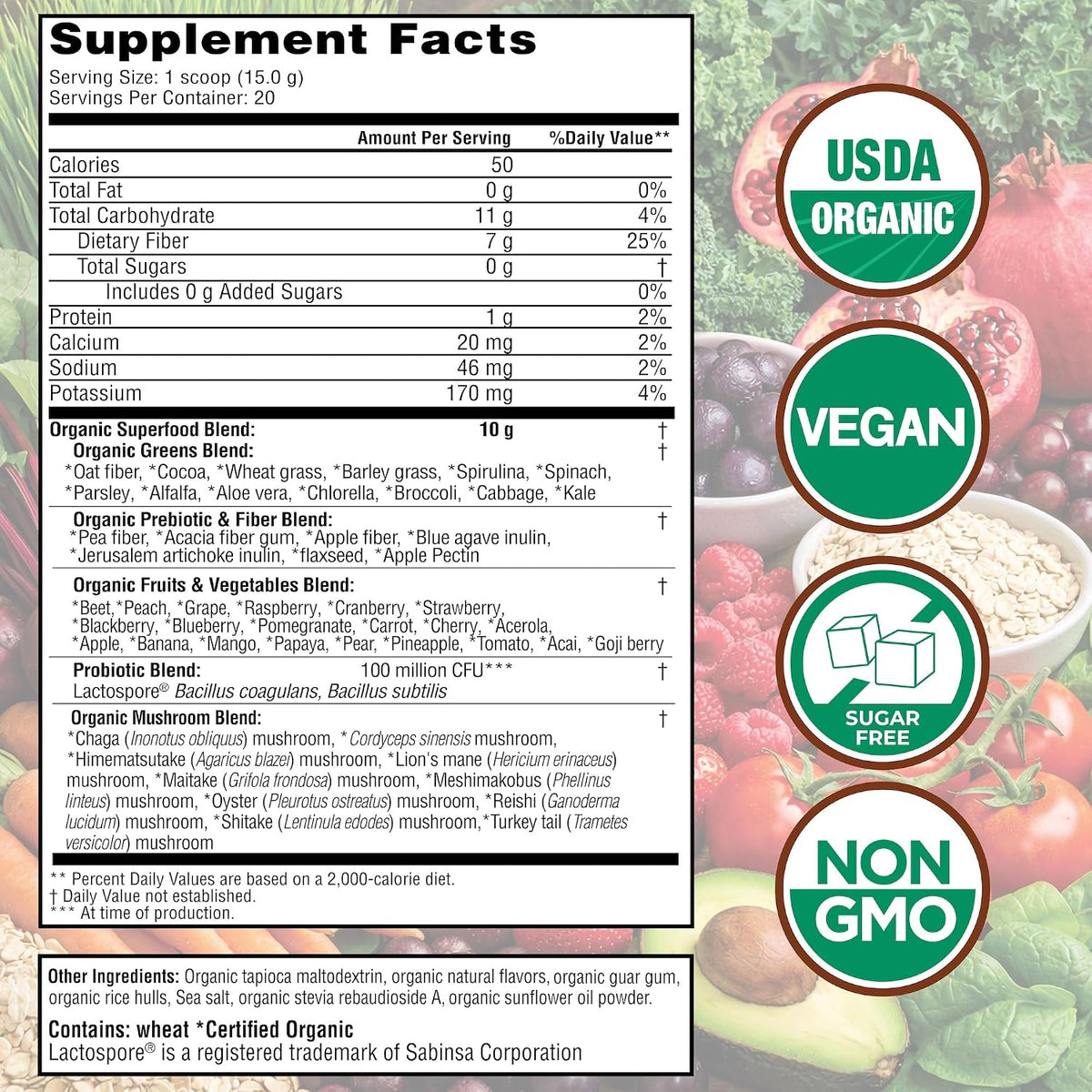 Country Farms Organic Super Greens Powder, Chocolate Flavor, Daily Greens with Fiber, Mushrooms & Probiotics for Gut Health and Energy