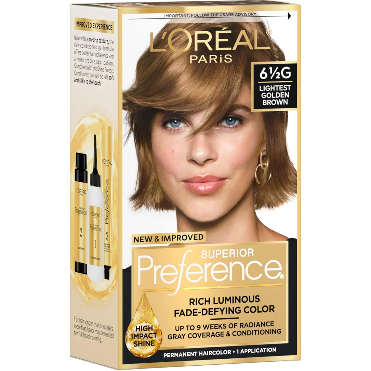 L'Oreal Paris Superior Preference Fade-Defying + Shine Permanent Hair Color, 6.5G Lightest Golden Brown, Pack of 1, Hair Dye