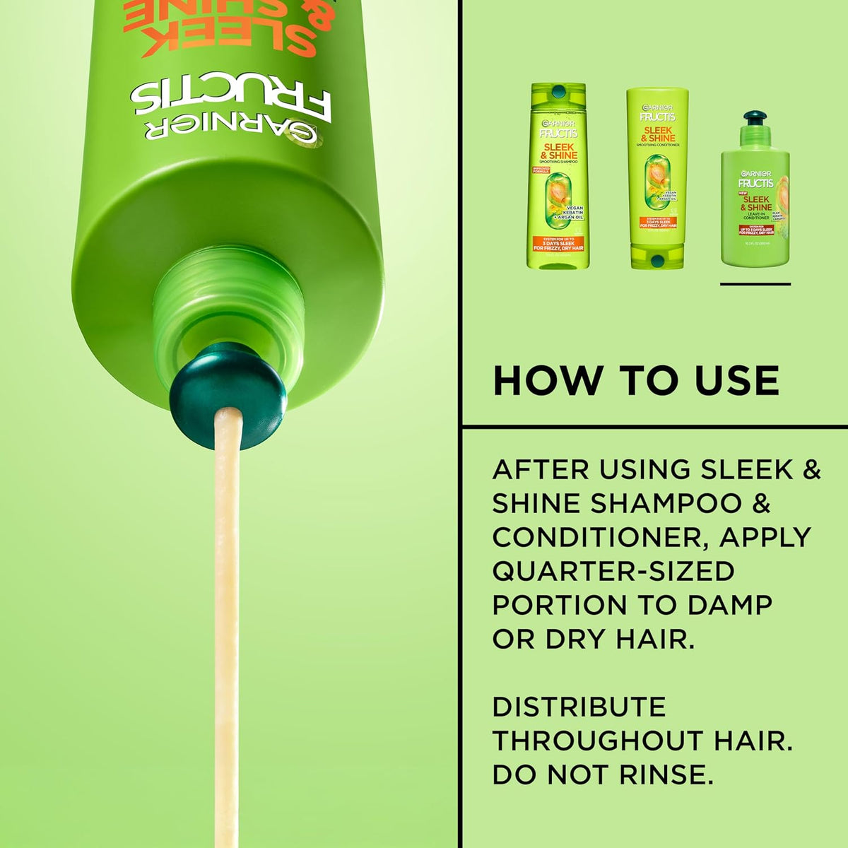 Garnier Fructis Sleek & Shine Leave-In Conditioner Cream, Anti-Frizz Hair Treatment with Plant Keratin + Argan Oil, Controls Frizz and Provides