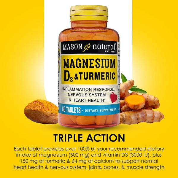 MASON NATURAL Magnesium & Vitamin D3 with Turmeric, 60 Day Supply