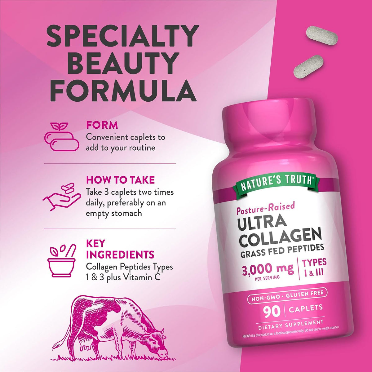Nature's Truth Collagen Peptides | 90 Caplets | Type 1 and 3 with Vitamin C