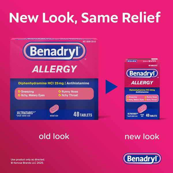 Benadryl Allergy Relief Ultratabs, 25 mg Diphenhydramine HCl, 48 ct