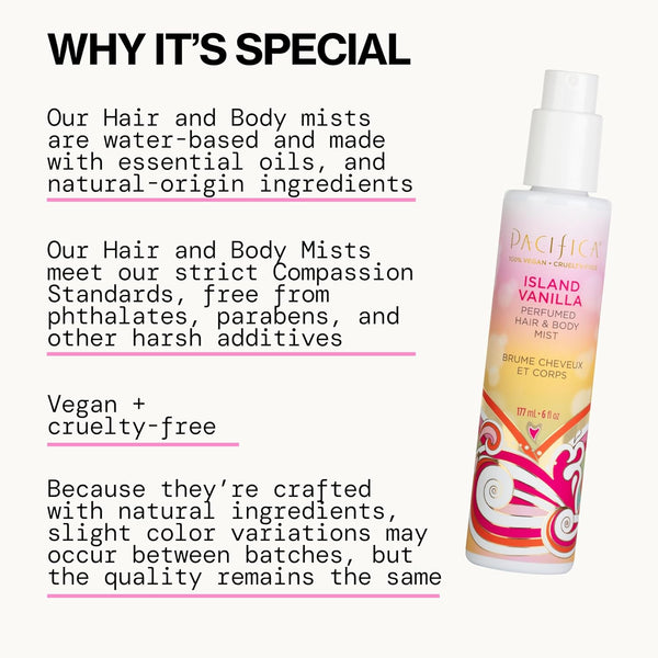 Pacifica Island Vanilla Hair Mist Perfume and Full Body Spray for Women - Fragrance Spray for A Mood-Lifting Experience, Paraben-Free, Clean Beauty No