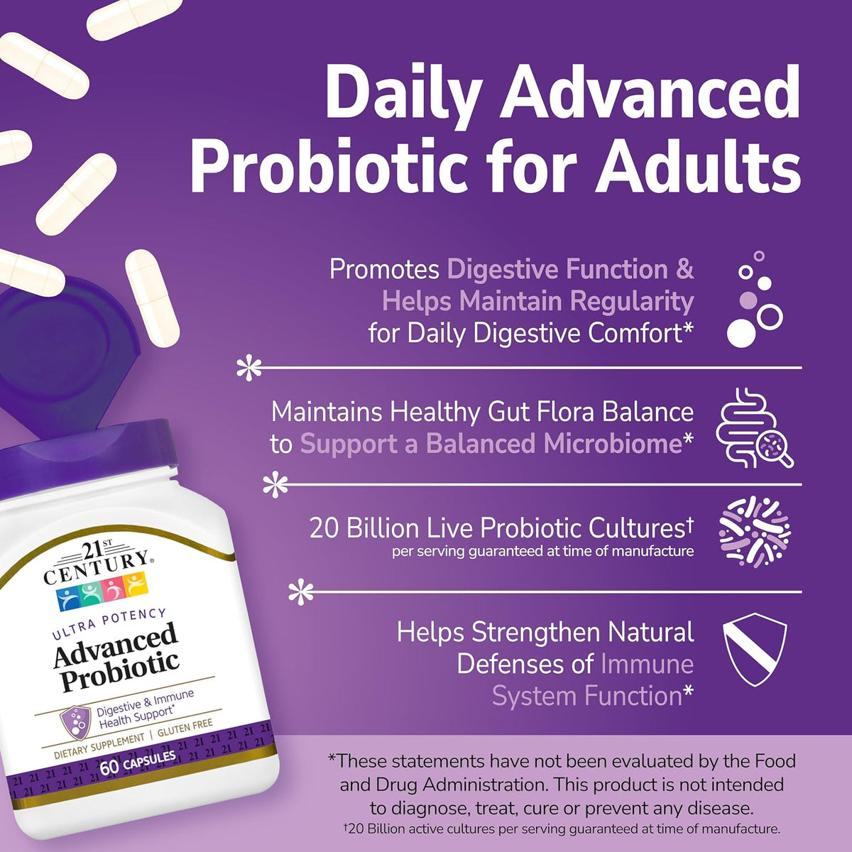 21st Century Advanced Probiotic 20 Billion CFU, 6 Strains, 60 Count