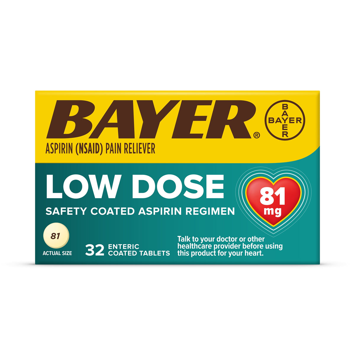Aspirin Regimen Bayer Low Dose Pain Reliever Enteric Coated Tablets, 81mg, 32 Count