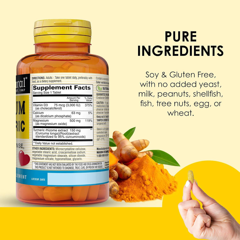 MASON NATURAL Magnesium & Vitamin D3 with Turmeric, 60 Day Supply