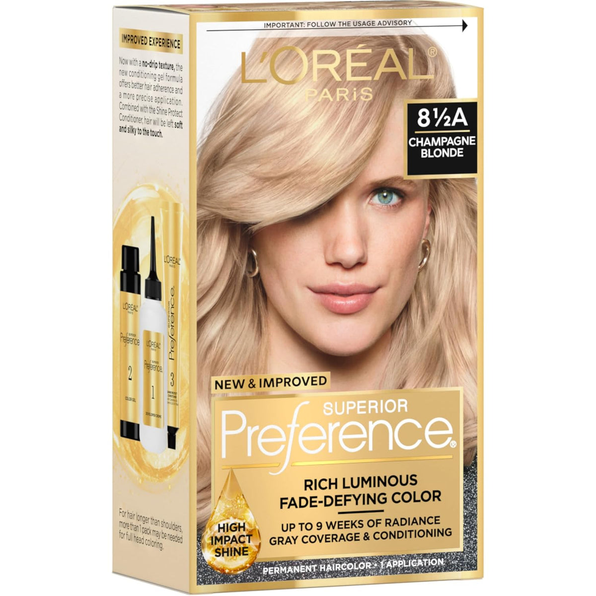 L'Oreal Paris Superior Preference Luminous Fade-Defying Permanent Hair Color, Hair Dye For Up to 9 Weeks of Radiance, Champagne Blonde 8.5A, 1 Hair