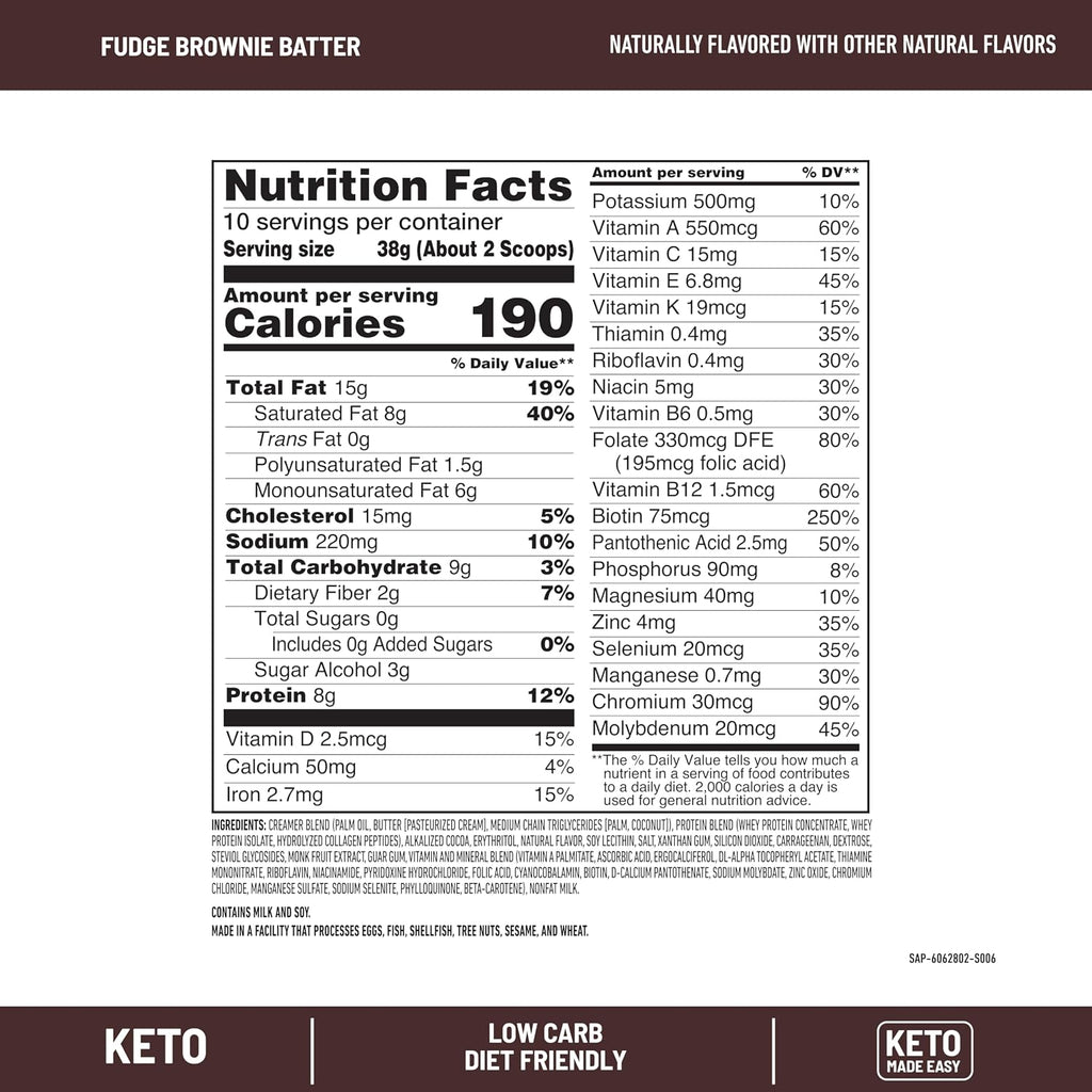 SlimFast Keto Meal Replacement Shake, Fudge Brownie Batter, Low Carb Keto Protein Powder with Collagen & Whey, No Sugar Added, Gluten Free, Weight