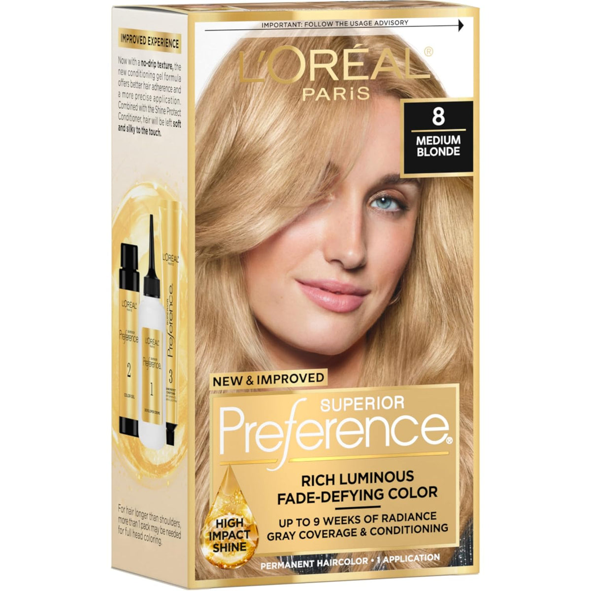 L'Oreal Paris Superior Preference Fade-Defying + Shine Permanent Hair Color, 8 Medium Blonde, Pack of 1, Hair Dye