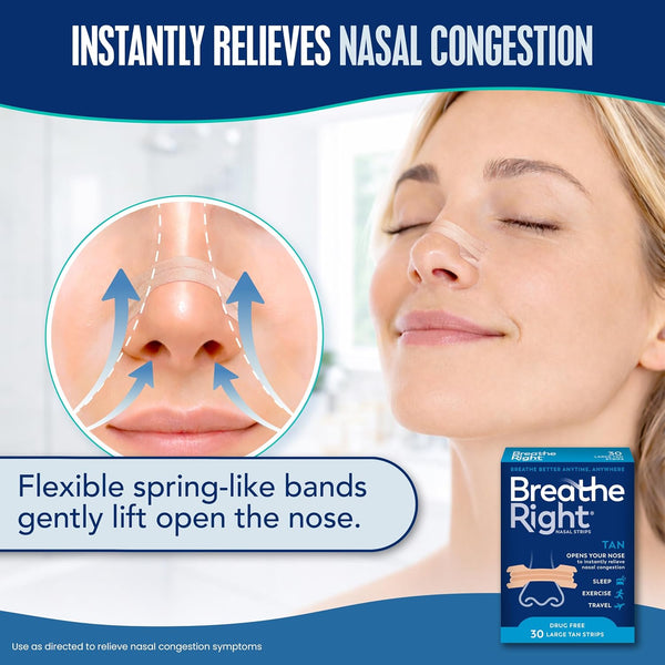 Breathe Right Nasal Strips, Large, Relieves Nasal Congestion, Tan, 30 ct