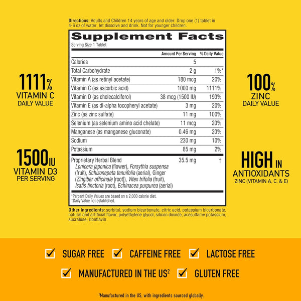 Airborne Immune Support Effervescent Tablets, Zesty Orange Flavor - 30ct with 1000mg Vitamin C + Vitamins A, D, E, Zinc, Selenium, Manganese & Herbal