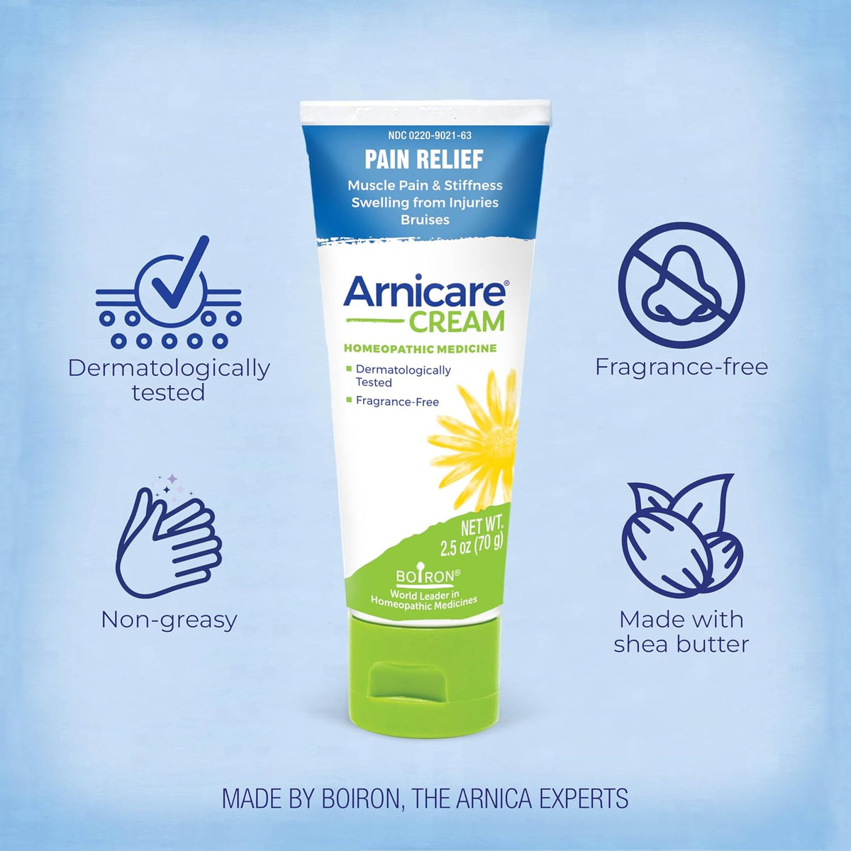Boiron Arnicare Cream for Joint Pain, Muscle Pain, Swelling, Soreness, Stiffness, and Bruises - Fast Absorbing and Fragrance-Free - 2.5 oz