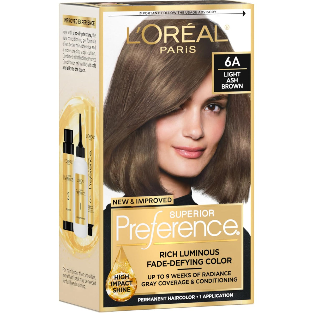 L'Oreal Paris Superior Preference Luminous Fade-Defying Permanent Hair Color, Hair Dye For Up to 9 Weeks of Radiance, Light Ash Brown 6A, 1 Hair Dye