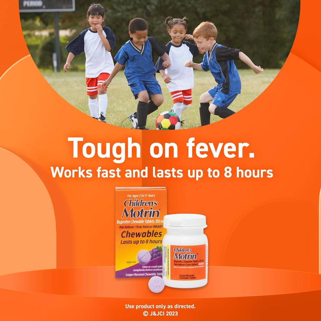 Motrin Children's Chewable Tablets with Ibuprofen, Kids' Fever Reducer & Pain Reliever for Sore Throat, Fever, Toothache & Pain Relief, Grape Flavor
