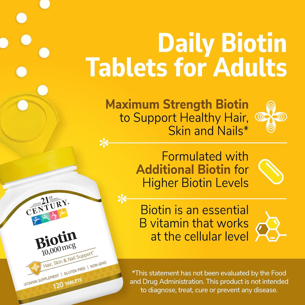 21st Century Biotin 10,000mcg Tablets, Hair, Skin & Nails, 120 Count