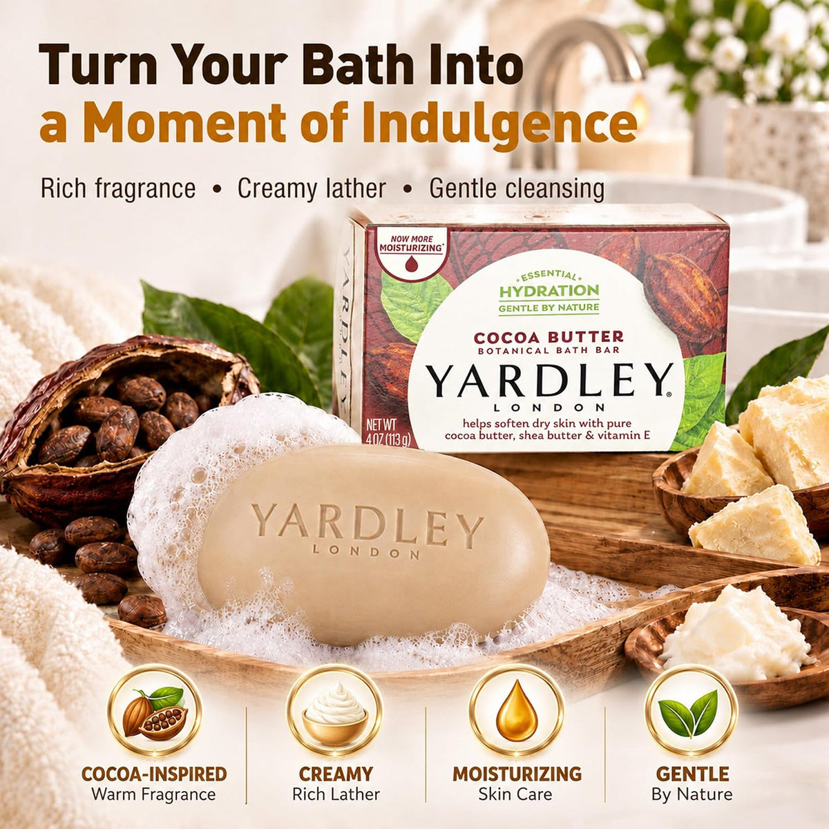 Yardley London Nourishing Bath Soap Bar Cocoa Butter, Helps Soften Dry Skin with Pure Cocoa Butter, Shea Butter & Vitamin E, 4.0 oz Bath Bar, 1 Soap