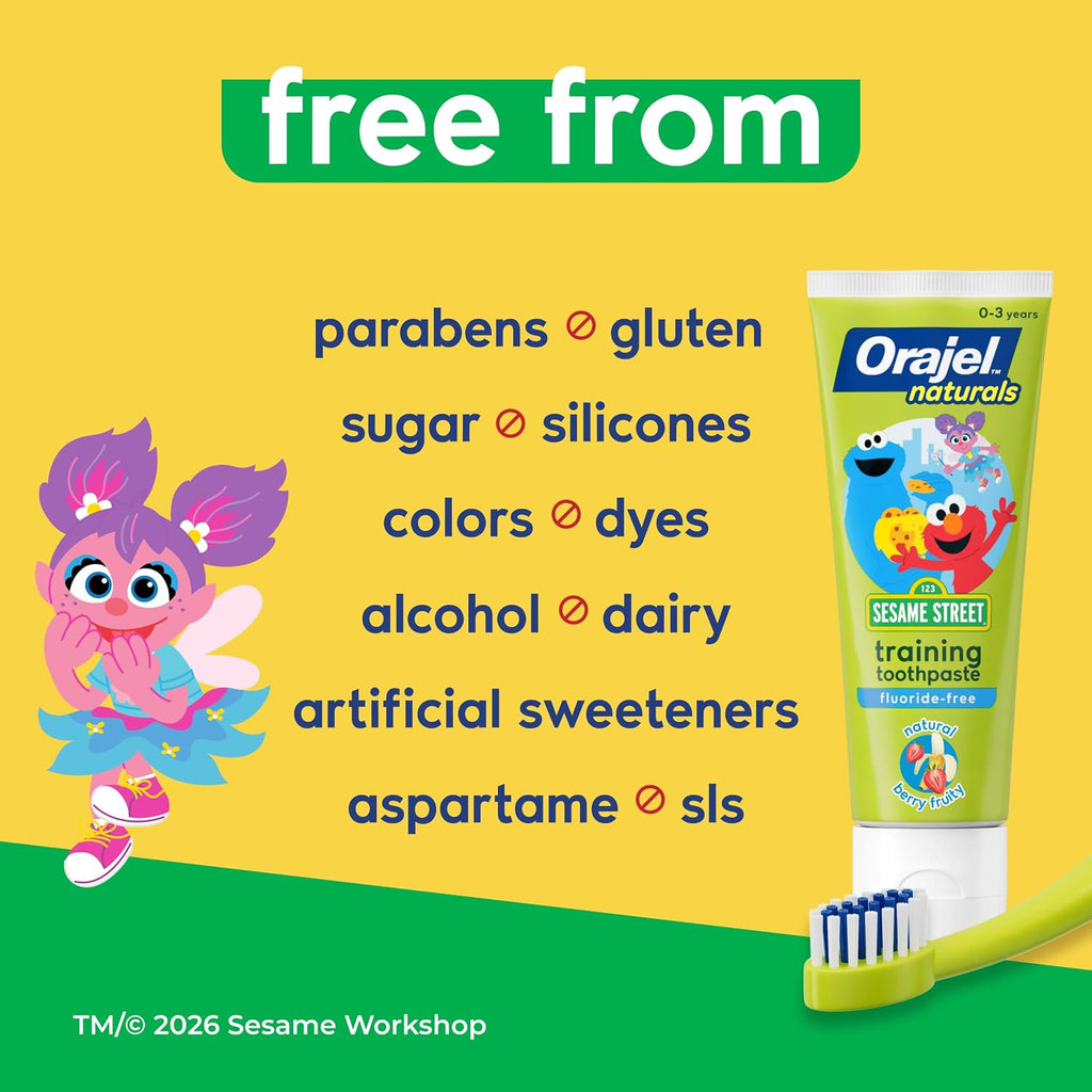 Orajel Naturals Sesame Street Kids Fluoride-Free Toothpaste, Berry, 1.5 Oz