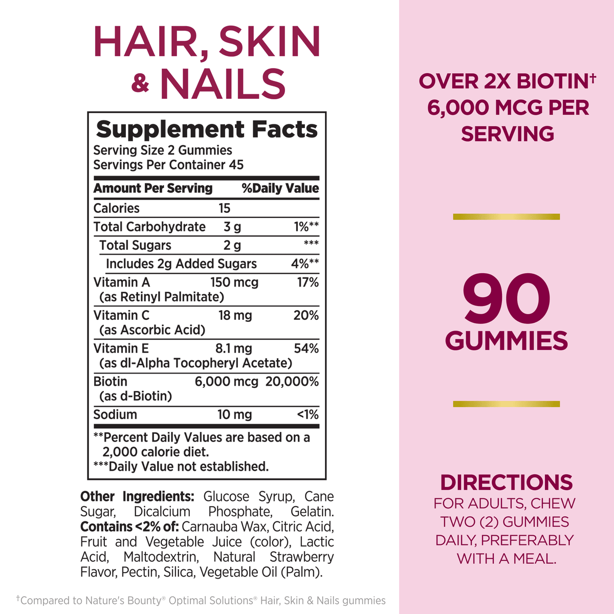 Nature's Bounty Optimal Solutions Advanced Hair, Skin and Nails Gummies, Biotin 6000 mcg, Vitamins A, C, and E, Strawberry, 90 Count