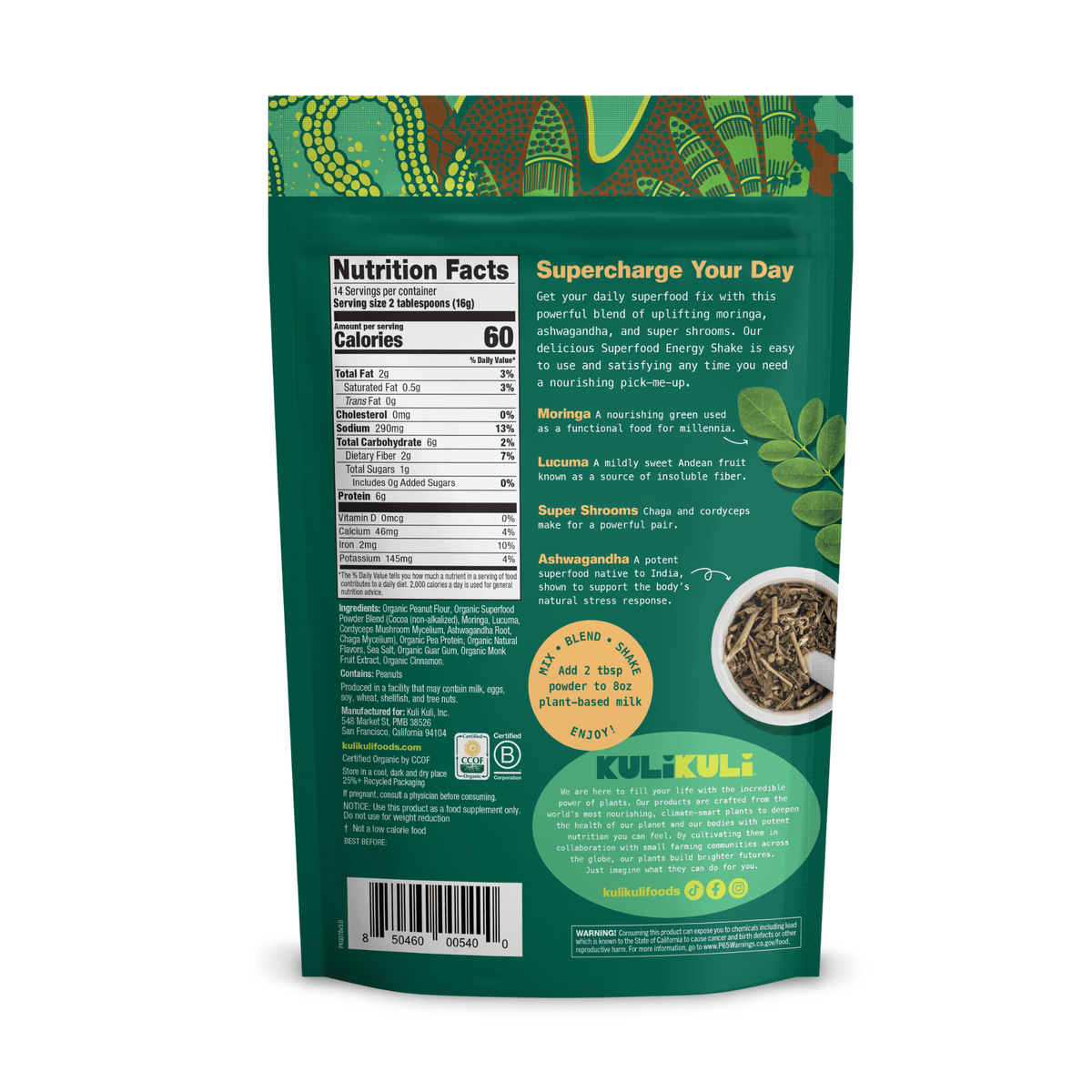 Kuli Kuli Chocolate Peanut Butter Moringa Energy Smoothie Powdered Drink Mix, 7.9 oz