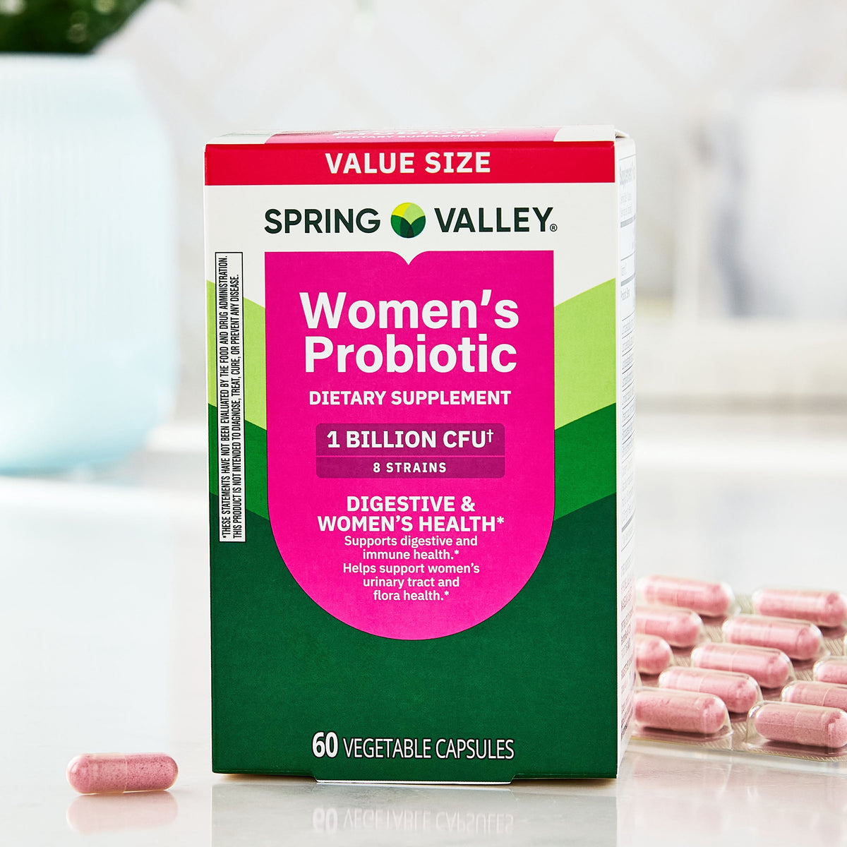 Spring Valley Women's Probiotic Dietary Supplement Vegetarian Capsules for Digestive Health, Cranberry, 60 Count Value Size