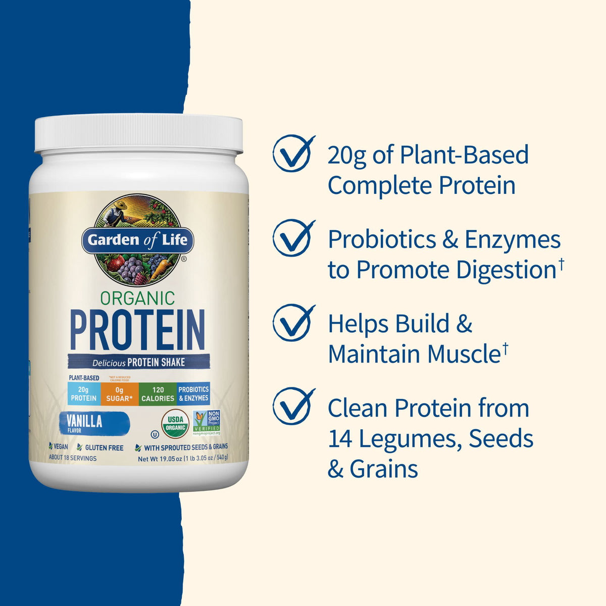 Garden of Life Organic Plant-Based Protein Powder, Vanilla, 20g Protein Shake Drink, Vegan, Probiotics, Digestive Enzymes, 19.05oz​